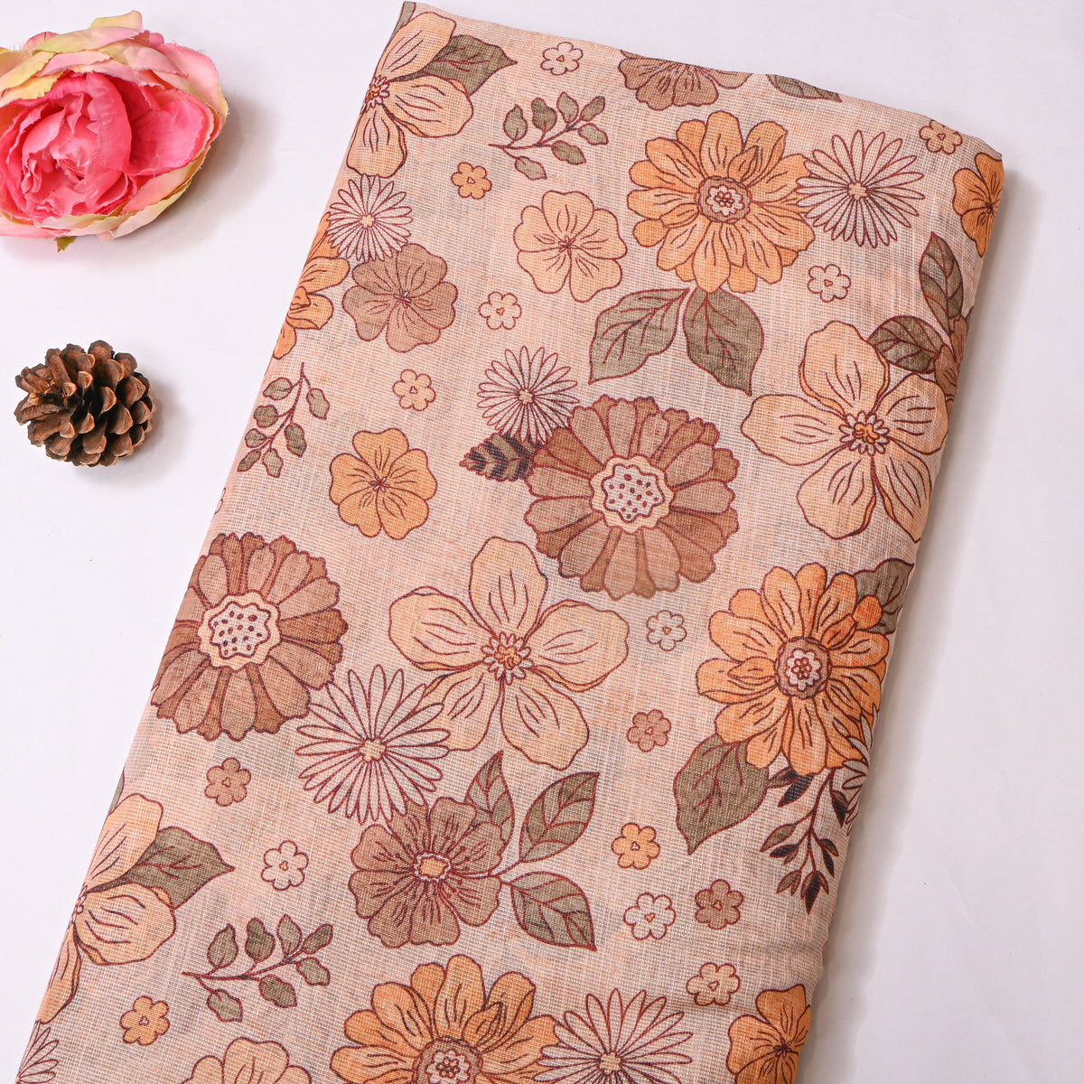 Sand Beige Daisy Print Gold Zari Border Tussar Silk Fabric