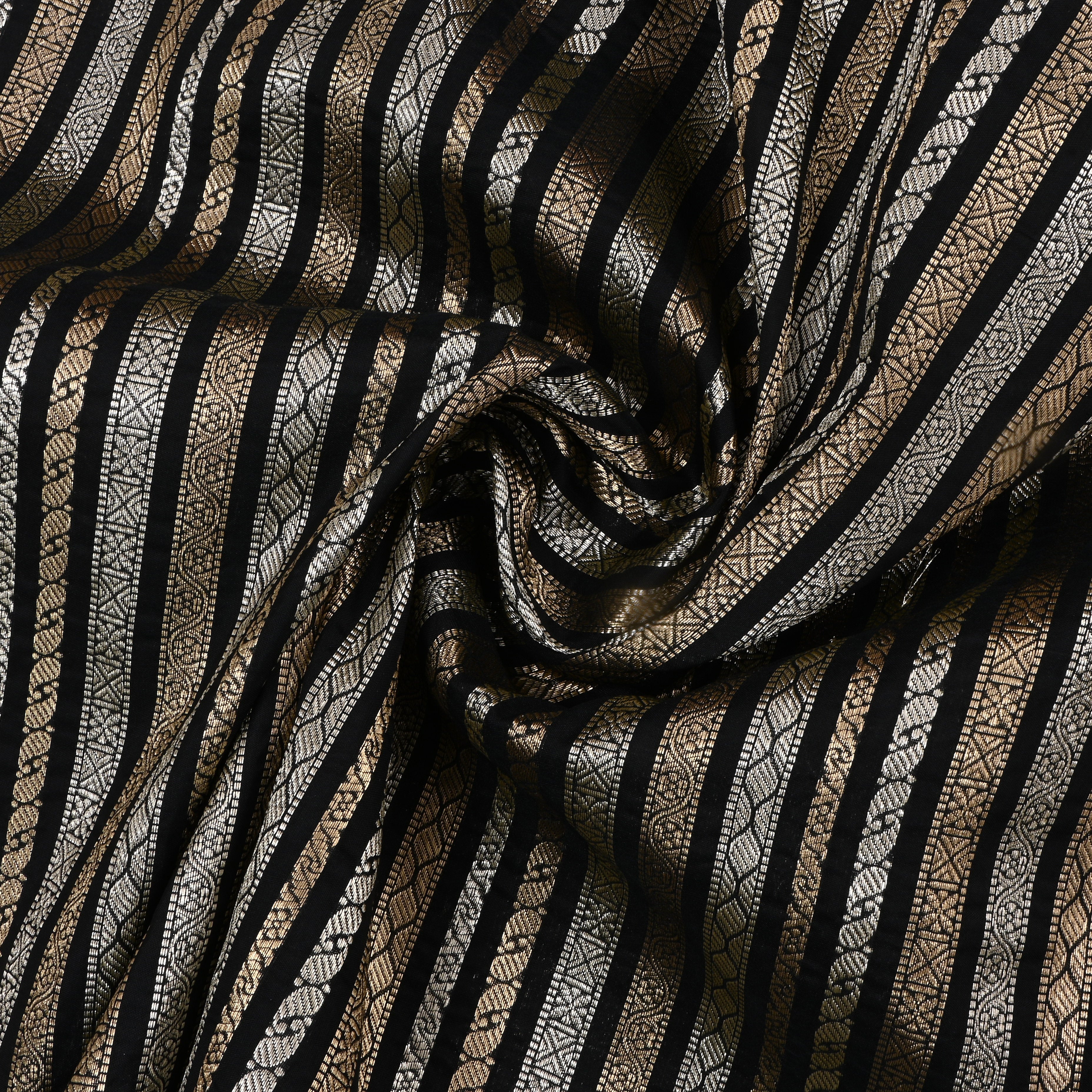 Jute Black Jamawar Silk Fabric With Stripes