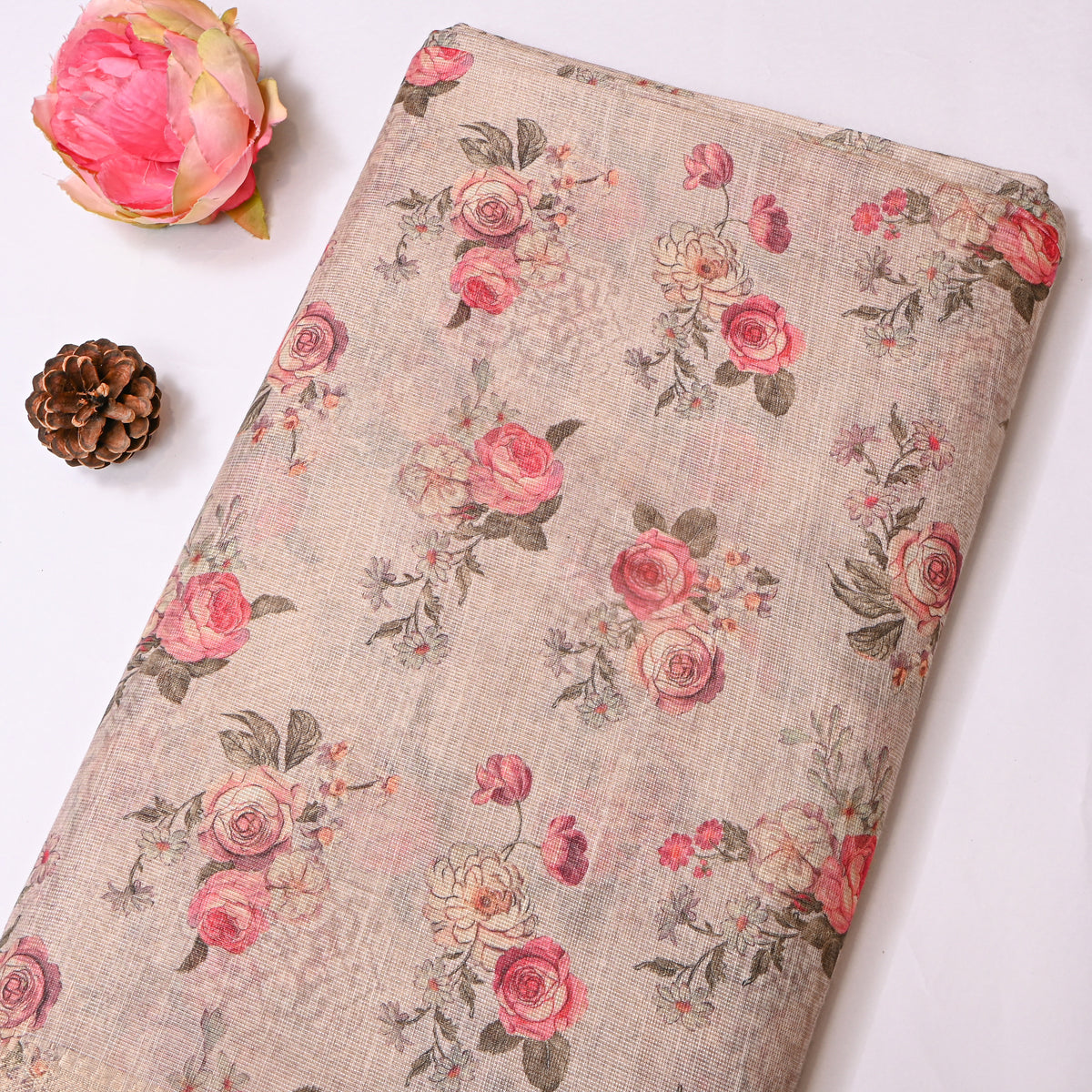 Oatmeal Beige Rose Bunch Print Tussar Silk Fabric