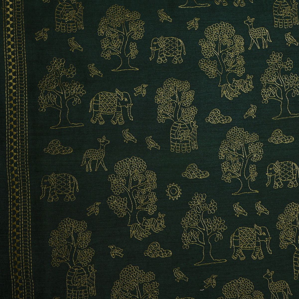 Dark Olive Green Shikargah Embroidery Silk Fabric