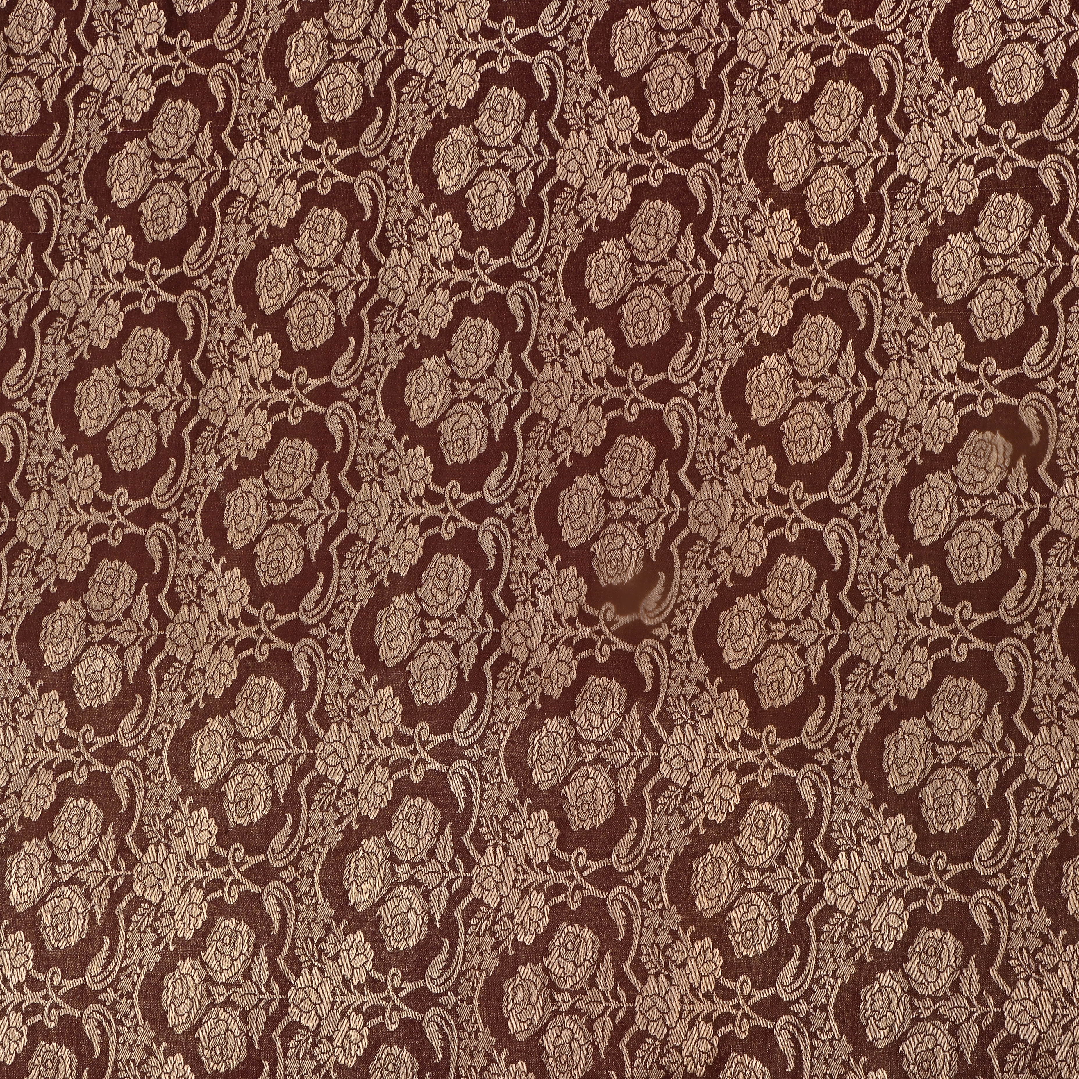 Warm Brown Jamawar Satin Fabric With Floral Woven Design