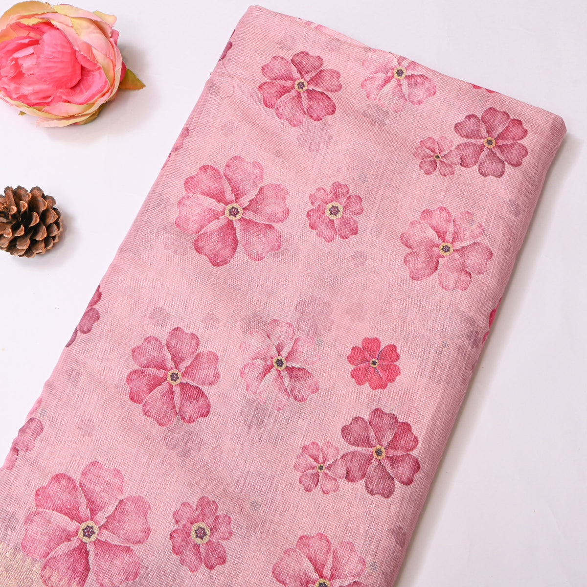 Blush Peach Floral Print Tussar Silk Fabric