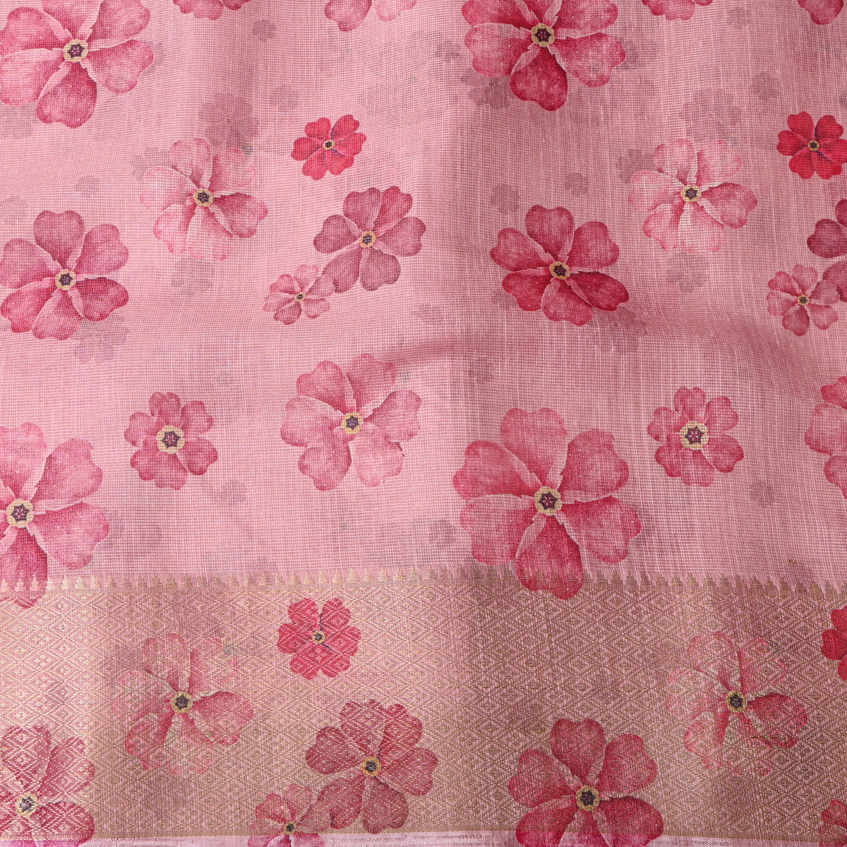 Blush Peach Floral Print Tussar Silk Fabric