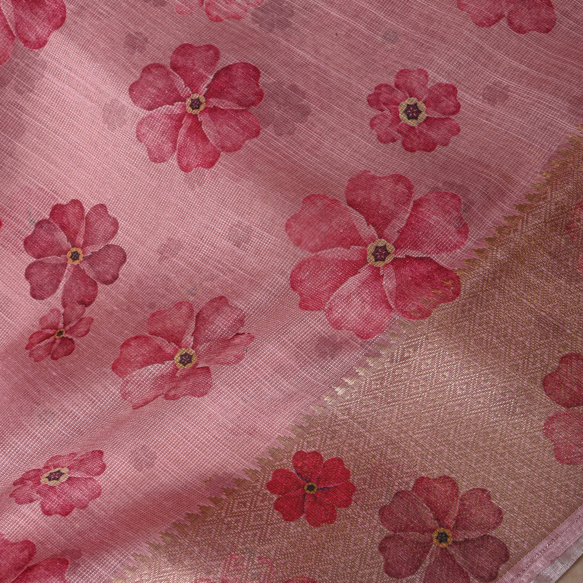 Blush Peach Floral Print Tussar Silk Fabric