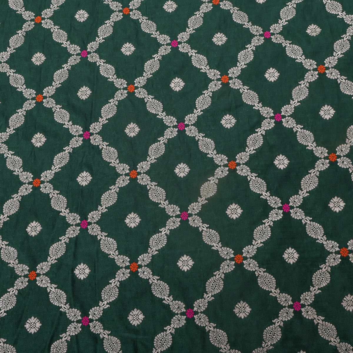 Emerald Green Silver Zari Checked Jamawar Silk Fabric