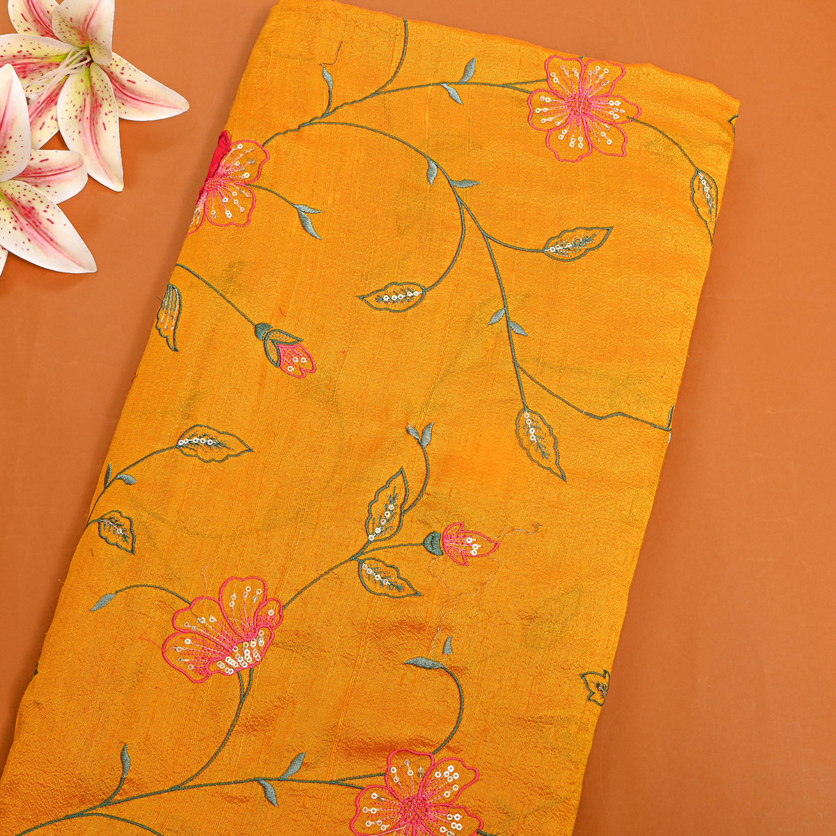 Bright Sunny Yellow Jaal Embroidery Raw Silk