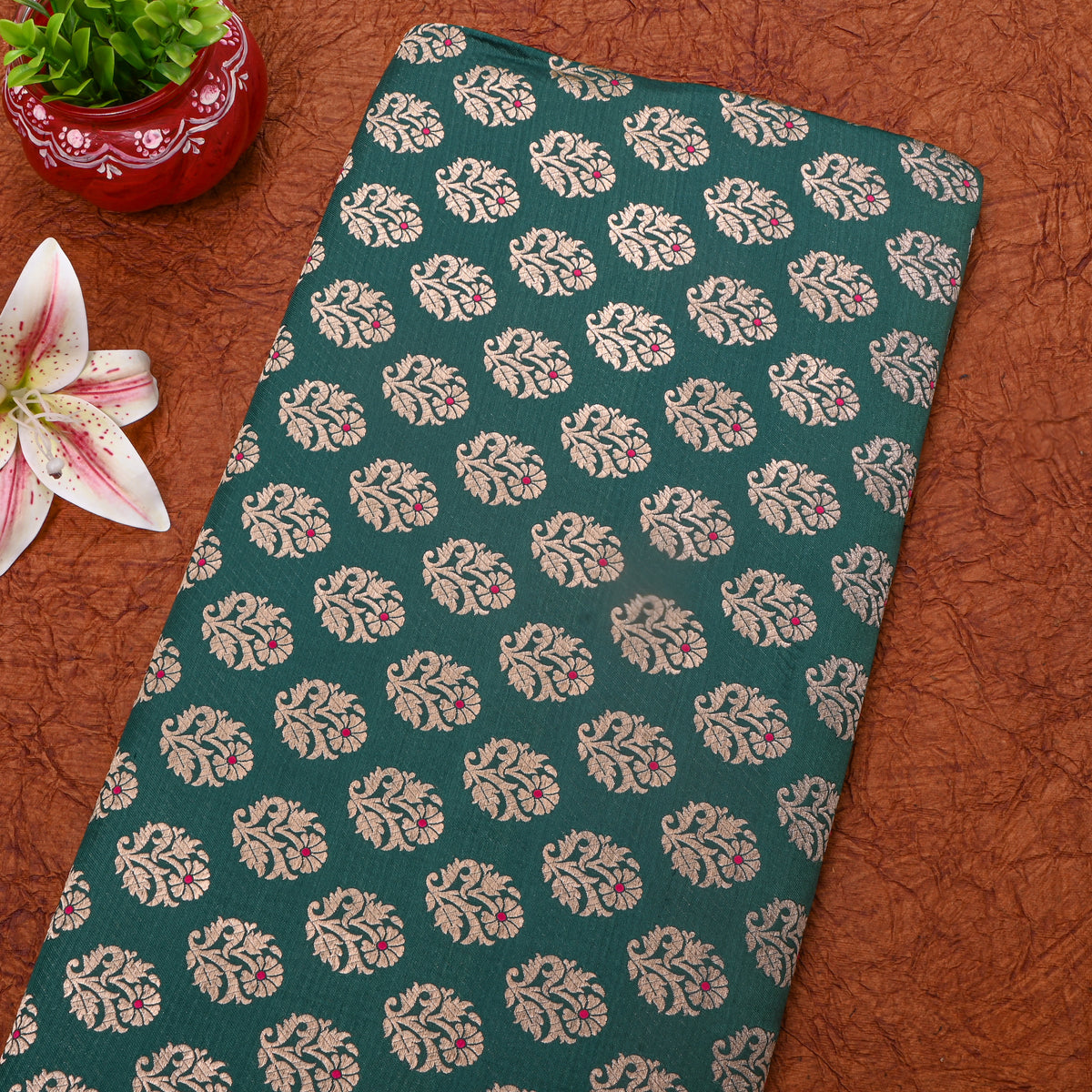 Green Gold Zari Floral Butti Jamawar Silk Fabric