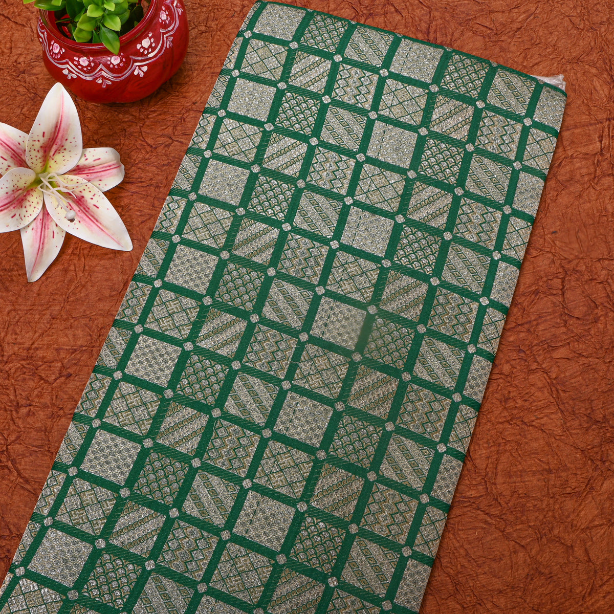 Emerald Green Gold Zari Geometric Check Jamawar Silk Fabric