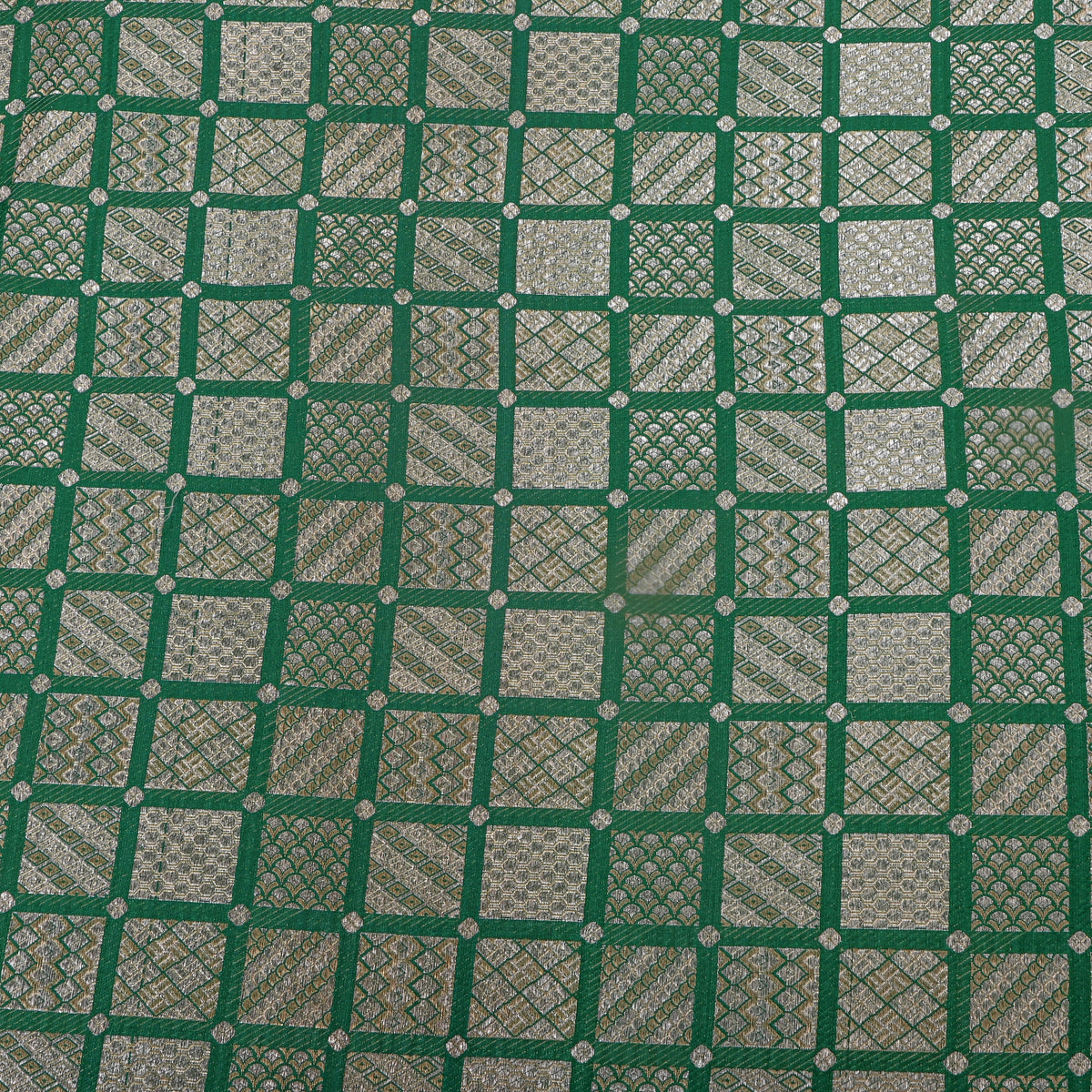 Emerald Green Gold Zari Geometric Check Jamawar Silk Fabric