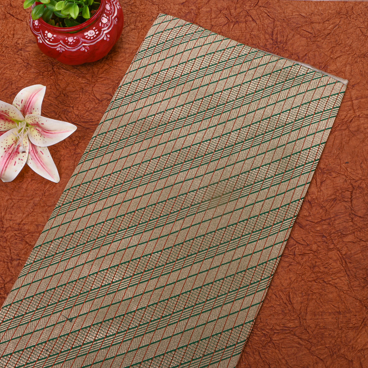 Bottle Green Gold Zari Stripe Self Weave Jamawar Silk Fabric