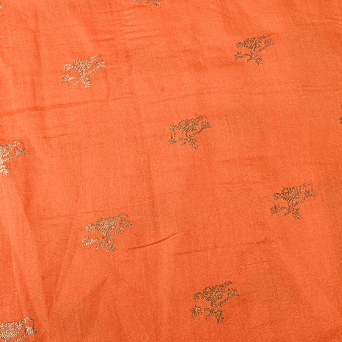 Papaya Orange Gold Zari Bird Butti Self Weave Jamawar Silk Fabric