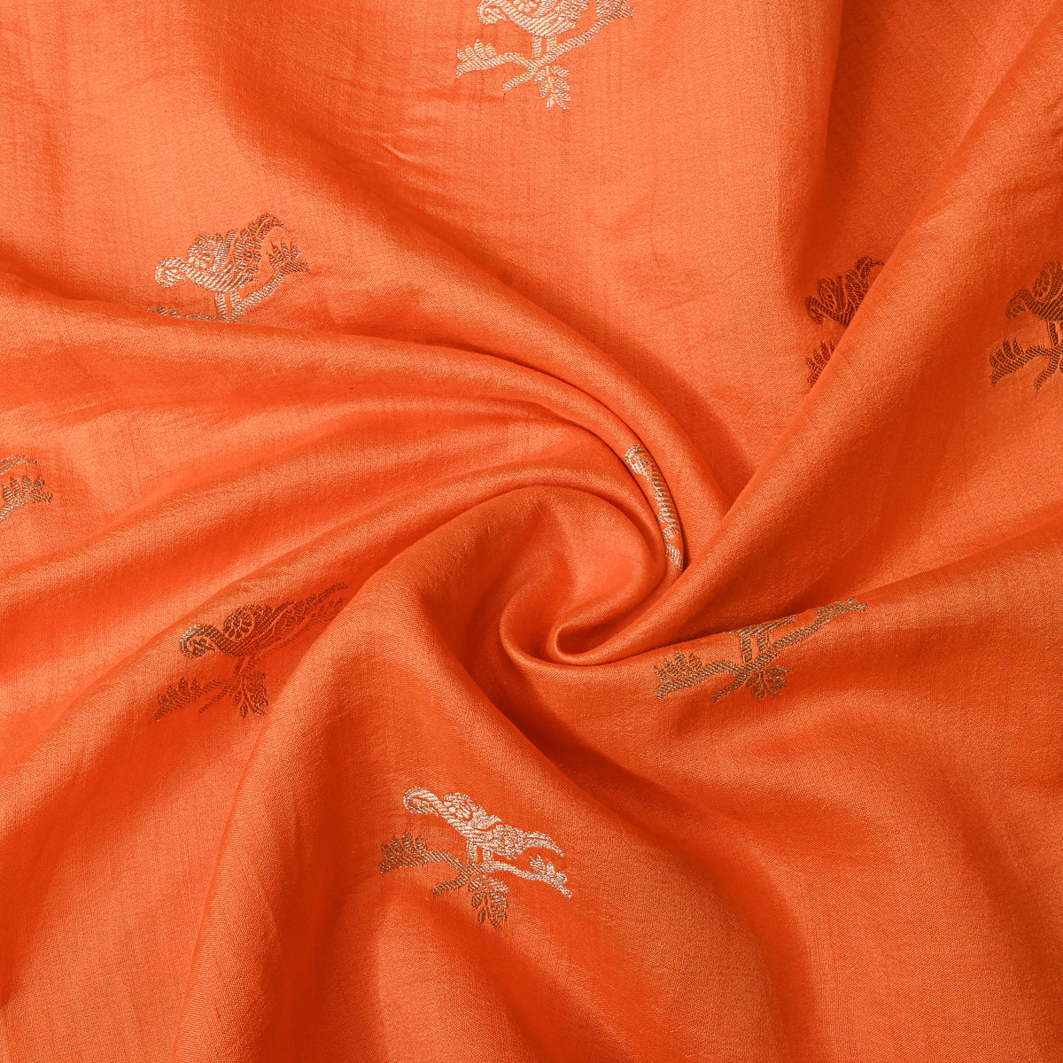 Papaya Orange Gold Zari Bird Butti Self Weave Jamawar Silk Fabric