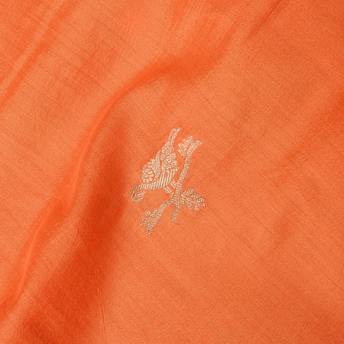 Papaya Orange Gold Zari Bird Butti Self Weave Jamawar Silk Fabric