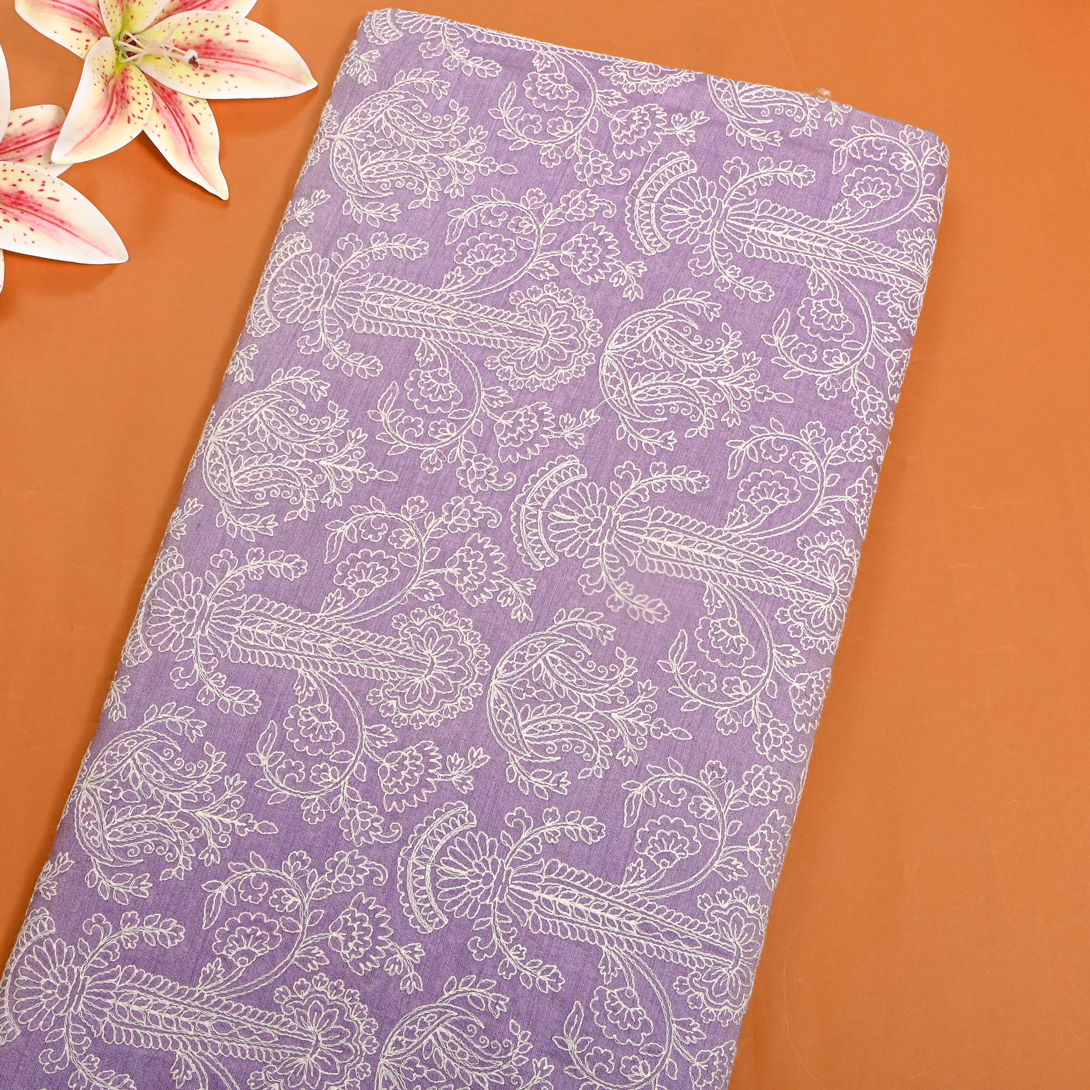 Bright Lavender Geometric Embroidery Munga Tussar Fabric