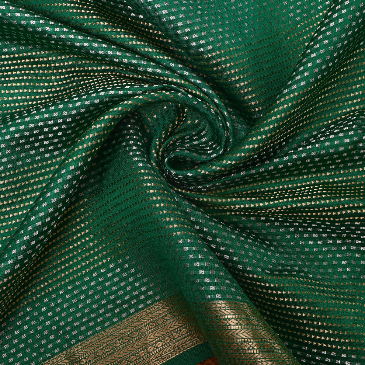 Emerald Green Gold Zari Woven Jamawar Silk Fabric