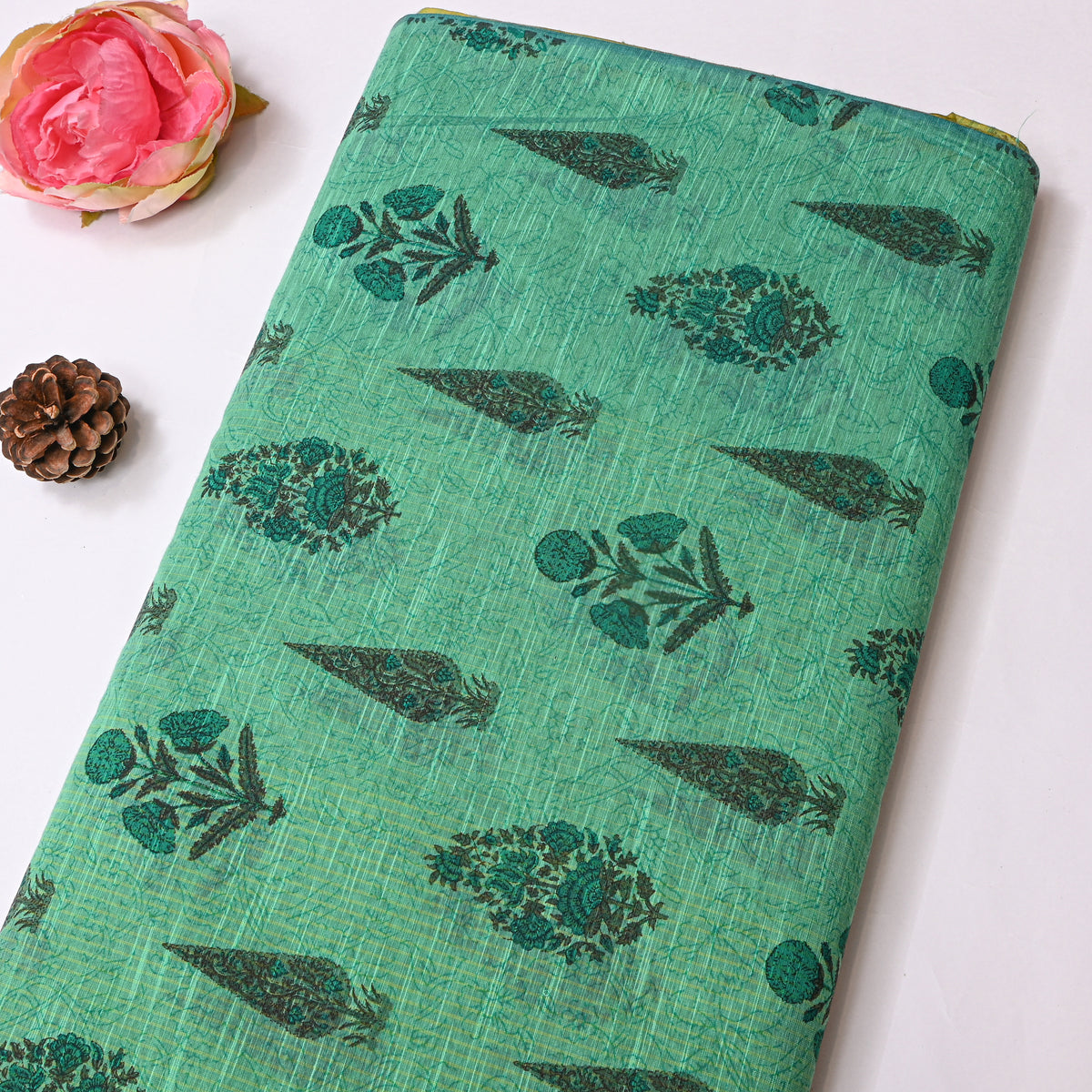 Jade Green Cypress Floral Butti Print Fabric