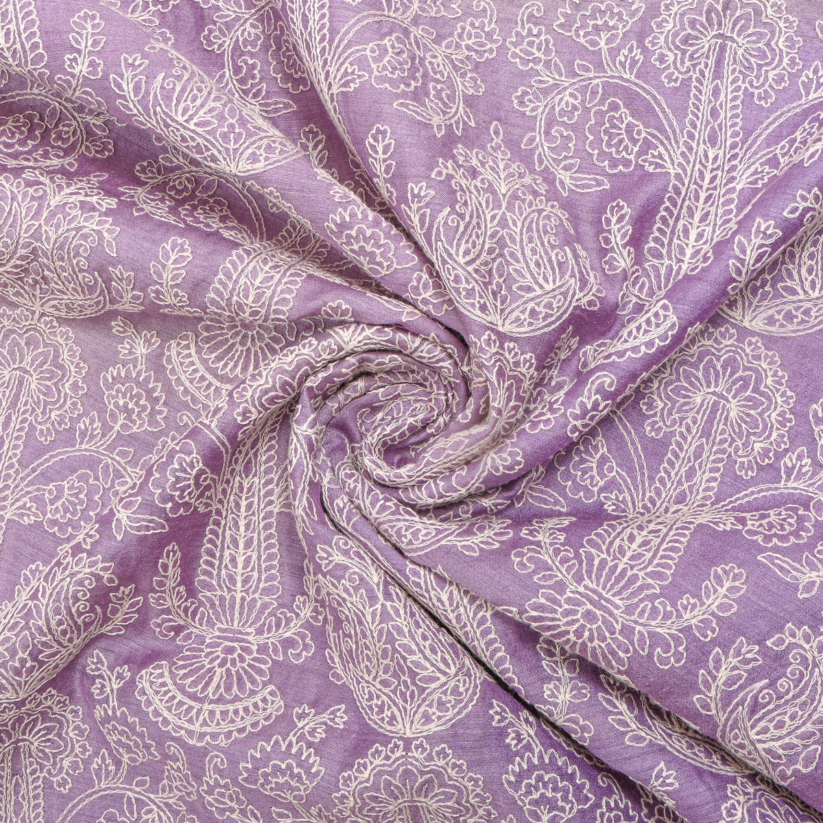 Bright Lavender Geometric Embroidery Munga Tussar Fabric