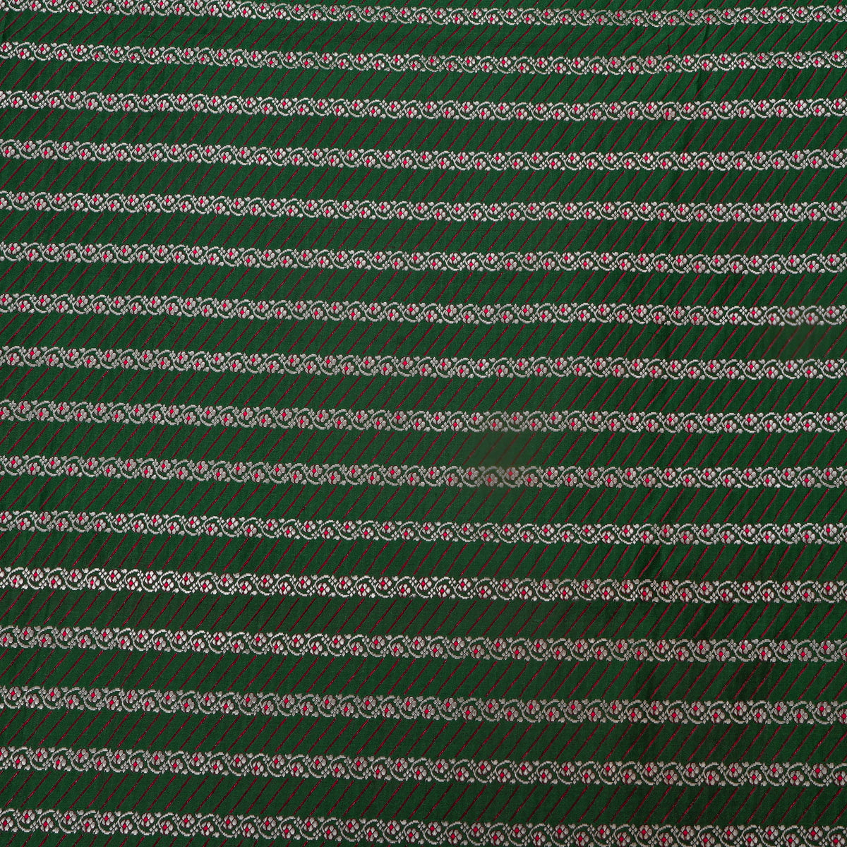 Bottle Green Silver Zari Striped Jamawar Silk Fabric