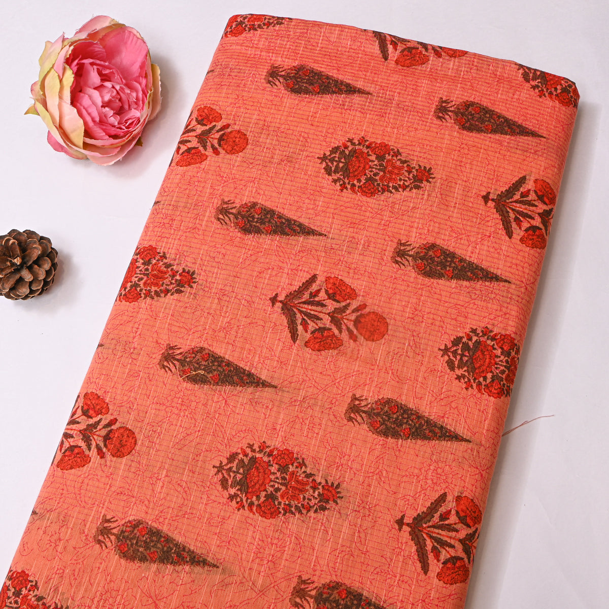 Terracotta Orange Cypress Floral Butti Print Fabric