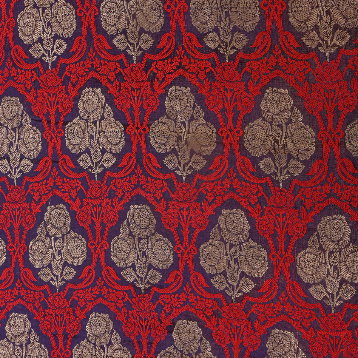 Deep Red And Blue Rose Trellis Self Weave Jamawar Silk Fabric