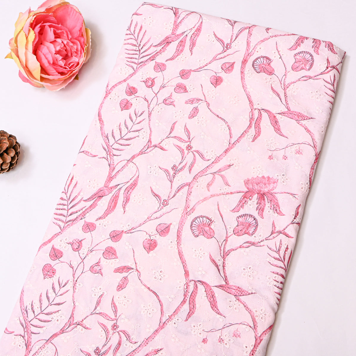 Baby Pink Printed Vine Thread Work Floral Dupion Silk Fabric