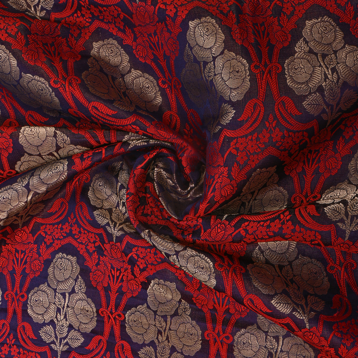 Deep Red And Blue Rose Trellis Self Weave Jamawar Silk Fabric