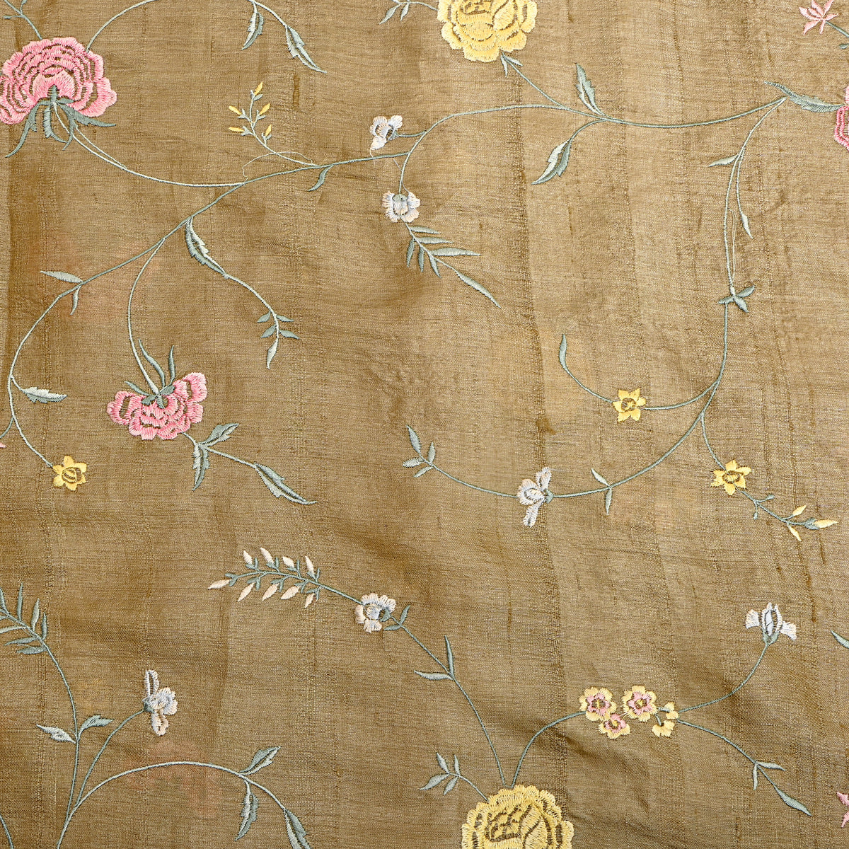 Sand Beige Floral Jaal Thread Work Embroidery Tussar Silk Fabric