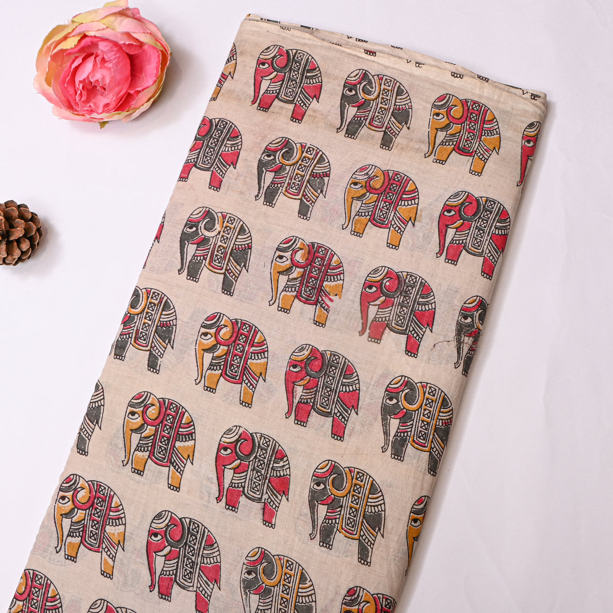Biscuit Beige Elephant Kalamkari Pen Handloom Cotton Fabric
