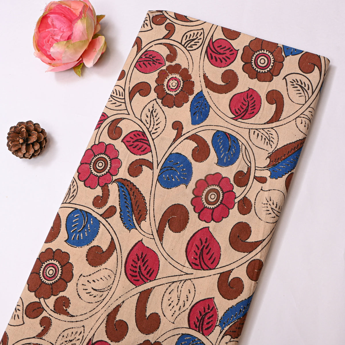 Oatmeal Kalamkari Pen Floral Vine Hand Painted Fabric