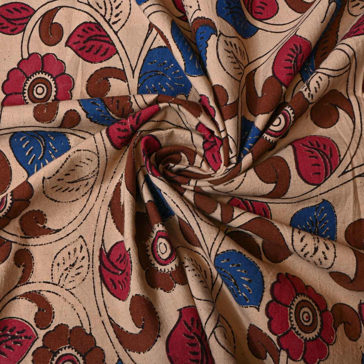 Oatmeal Kalamkari Pen Floral Vine Hand Painted Fabric