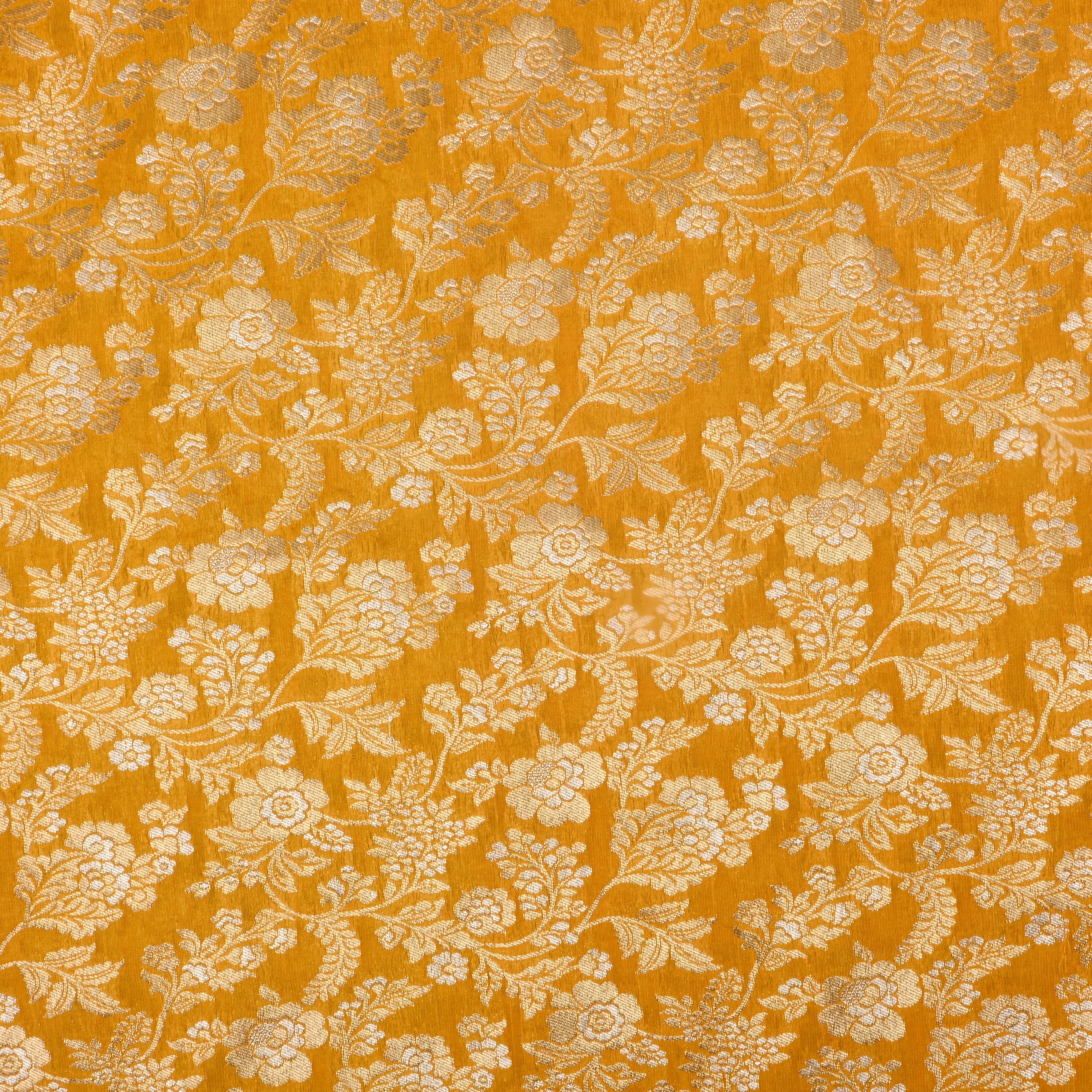 Bright Yellow Jamawar Silk Fabric With Floral Jaal