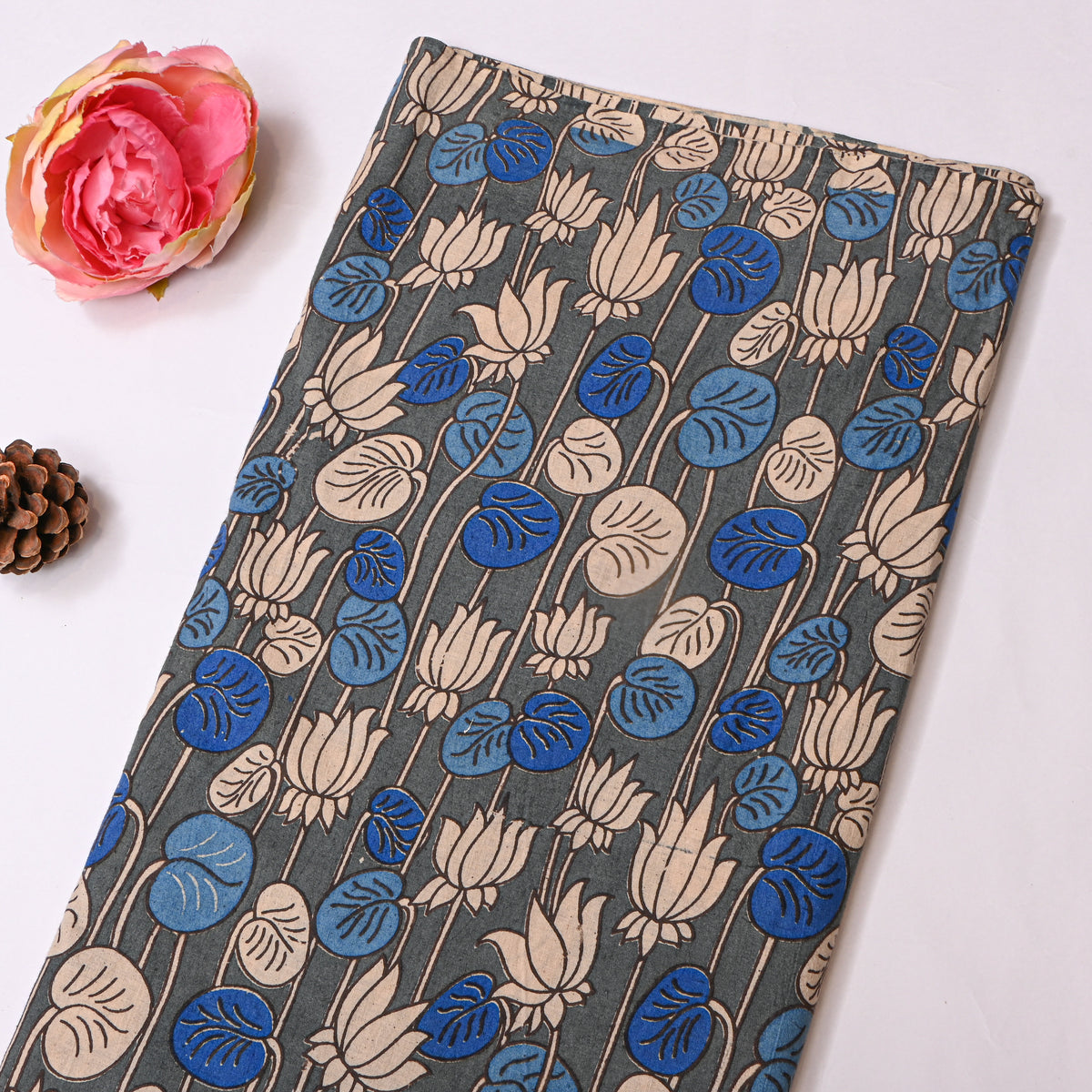 Charcoal Lotus Leaf Kalamkari Pen Handloom Cotton Fabric
