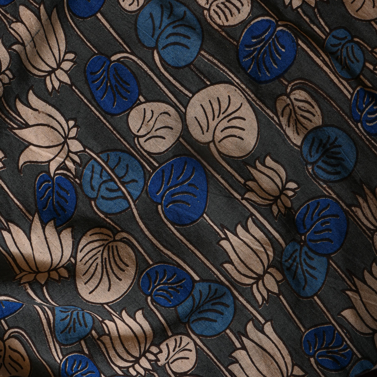 Charcoal Lotus Leaf Kalamkari Pen Handloom Cotton Fabric