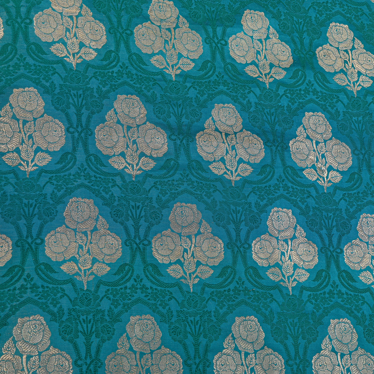 Water Blue Rose Trellis Self Weave Jamawar Silk Fabric