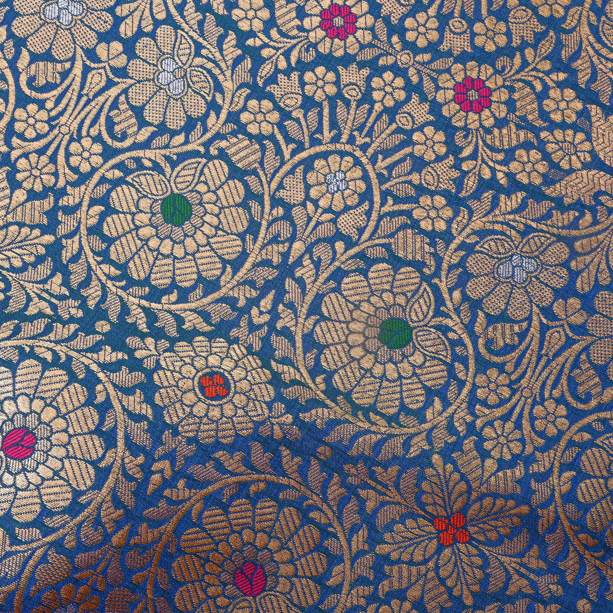 Cobalt Blue Dual Tone Zari Meenakari Floral Weave Banarasi Silk Fabric