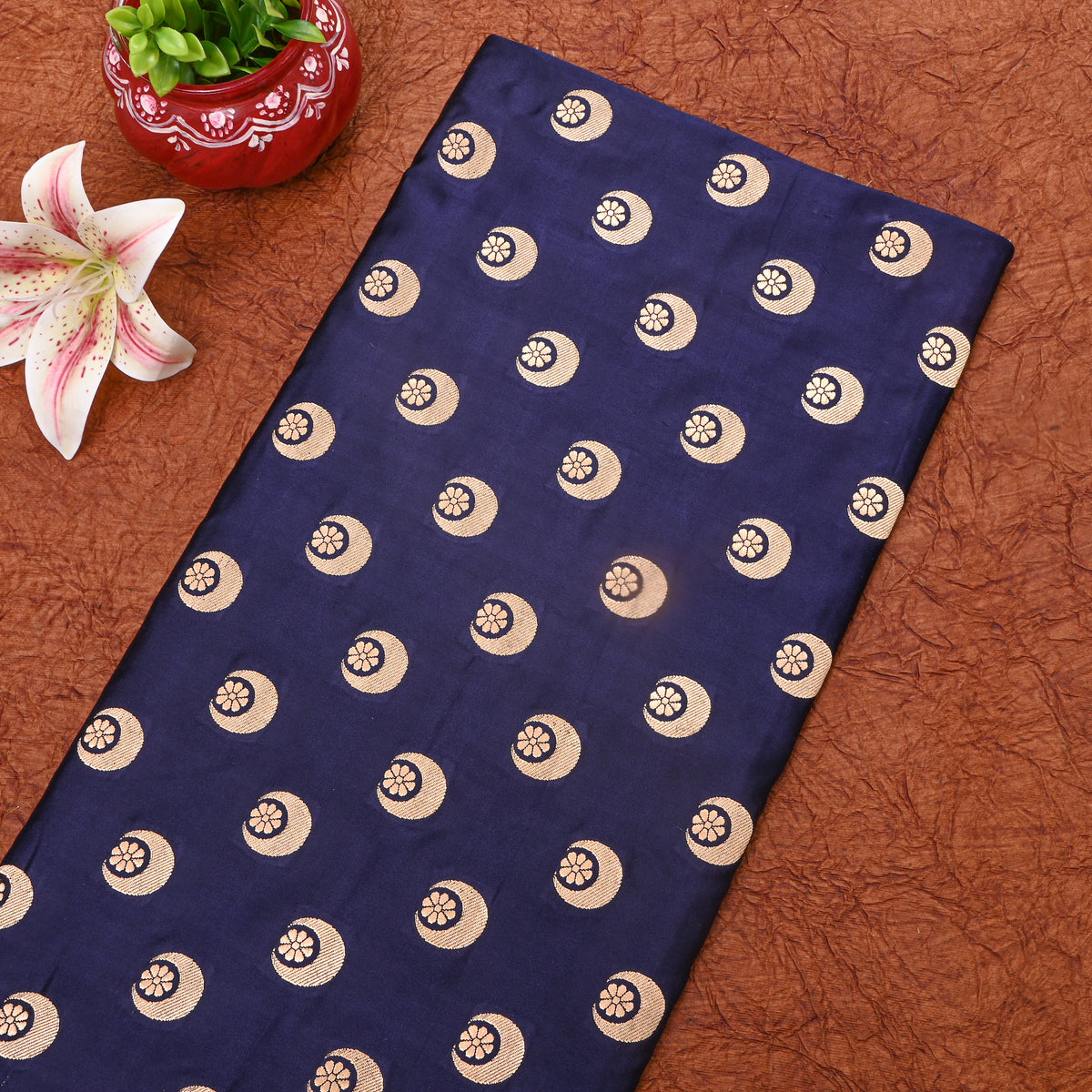 Navy Blue Gold Butti Self Weave Banarasi Silk Fabric