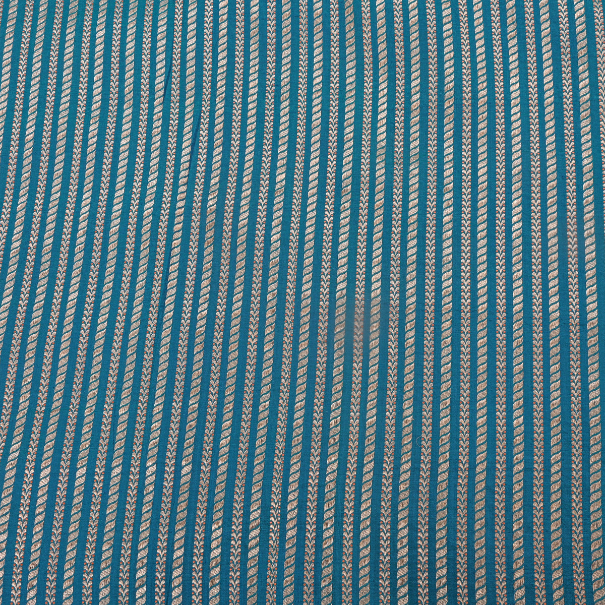 Peacock Blue Silver Striped Leaf Weave Banarasi Silk Fabric