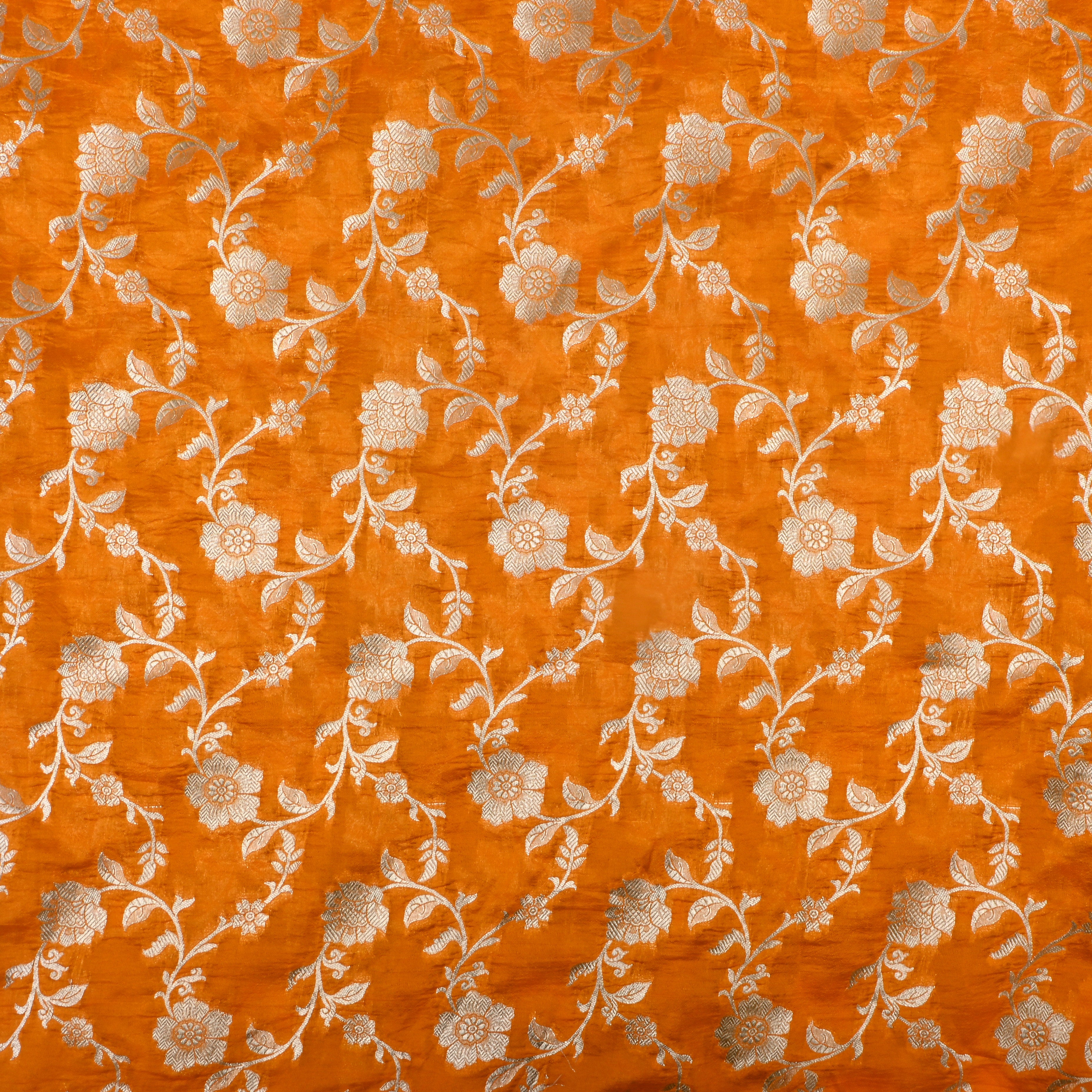 Tahiti Gold Orange Jamawar Silk Fabric With Floral Jaal
