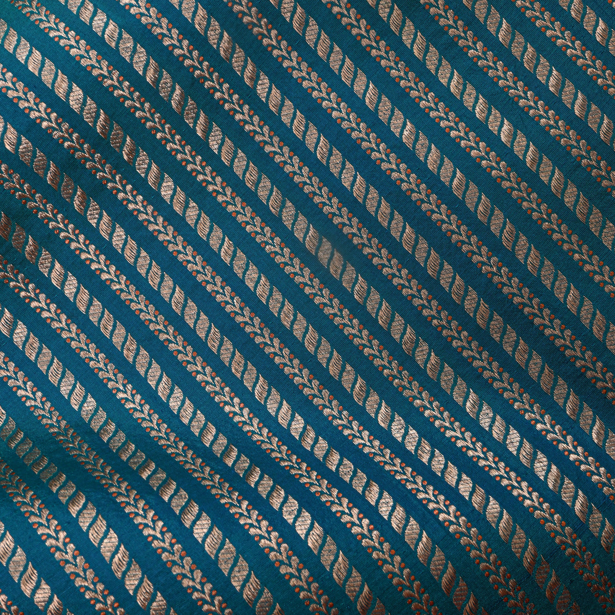 Peacock Blue Silver Striped Leaf Weave Banarasi Silk Fabric