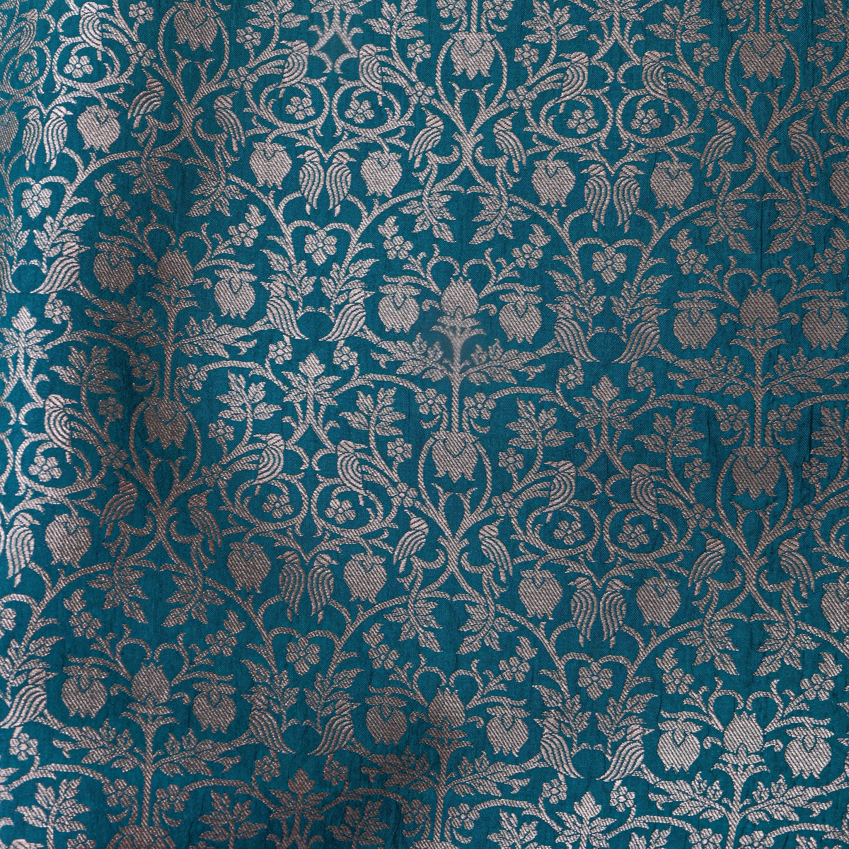 Ocean Teal Jamawar Silk Fabric With Gold Zari Brocade Weave
