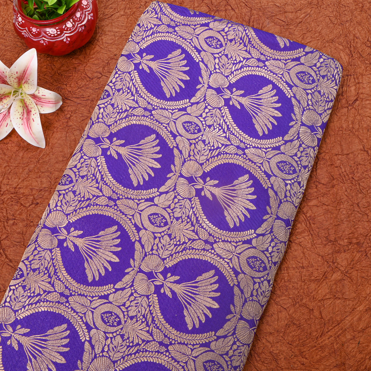 Violet Blue Gold Floral Medallion Jamawar Silk Fabric