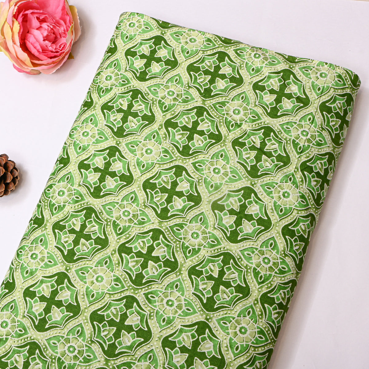 Fern Green Geometric Diamond Handloom Cotton Fabric