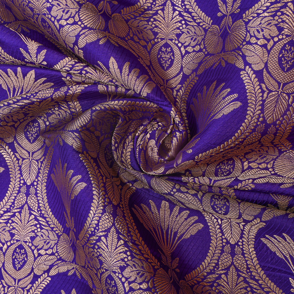 Violet Blue Gold Floral Medallion Jamawar Silk Fabric