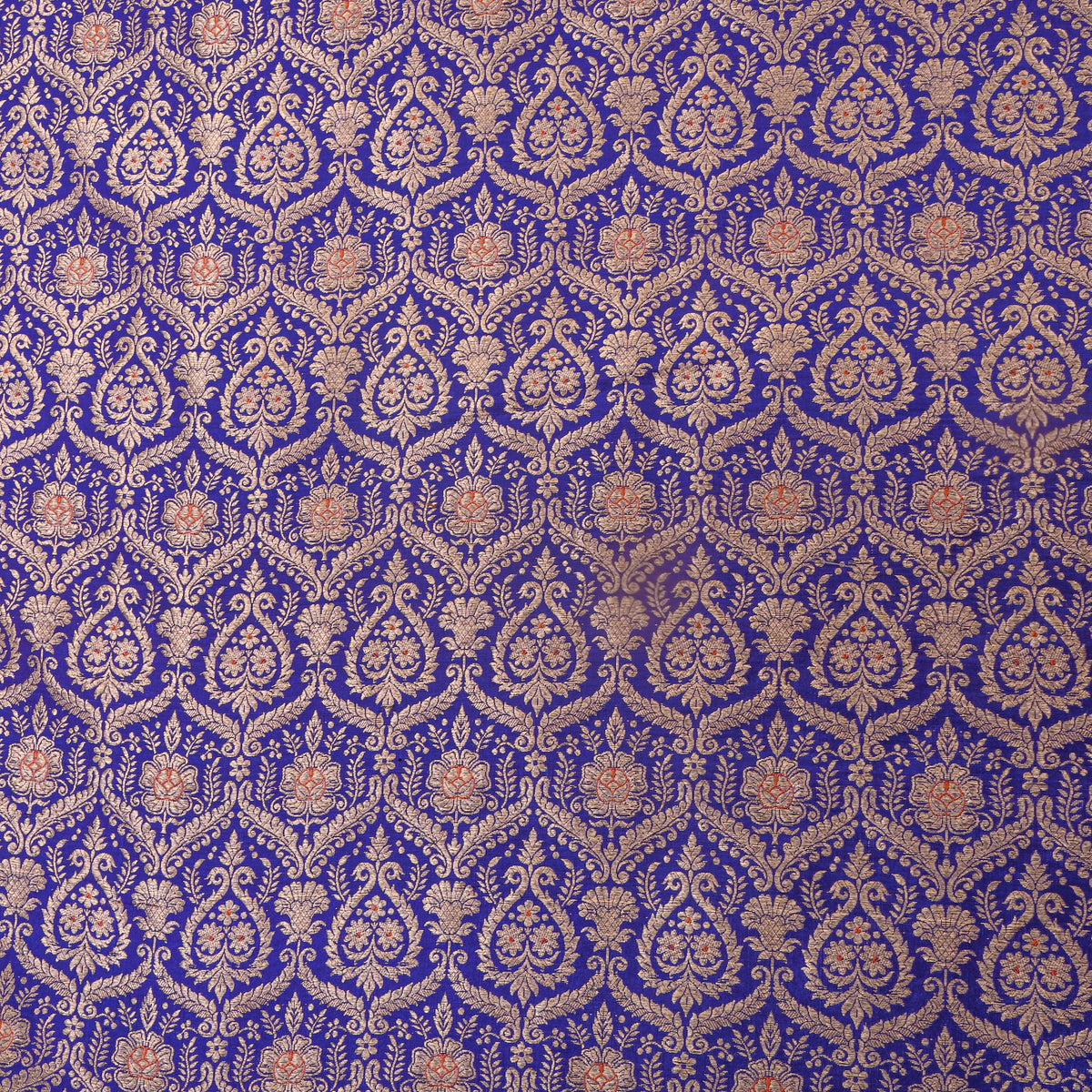 Royal Blue Gold Zari Damask Banarasi Silk Fabric