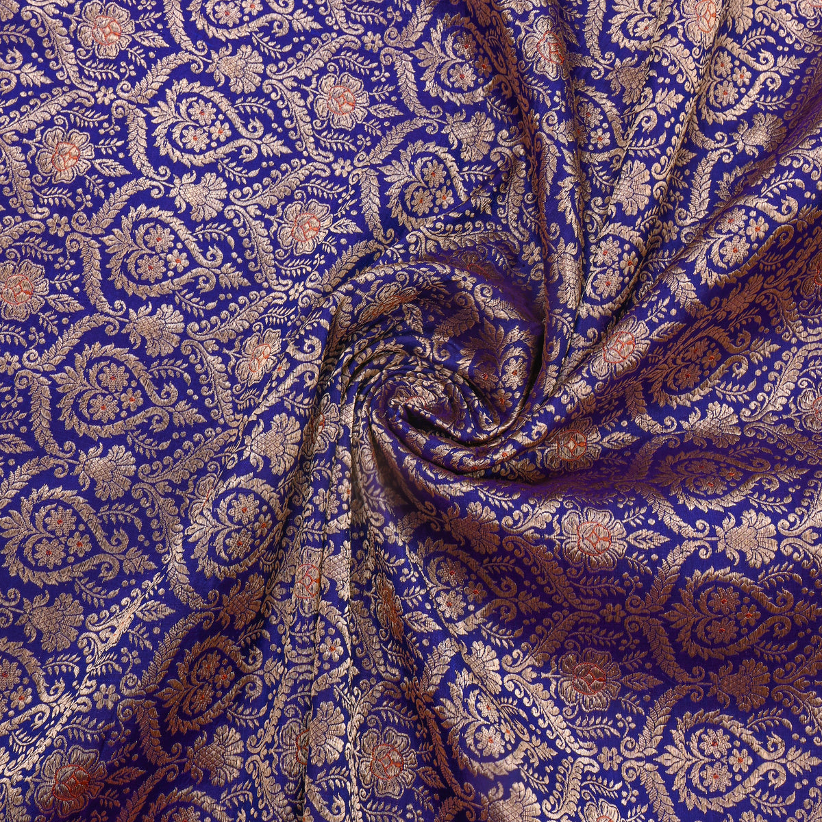 Royal Blue Gold Zari Damask Banarasi Silk Fabric