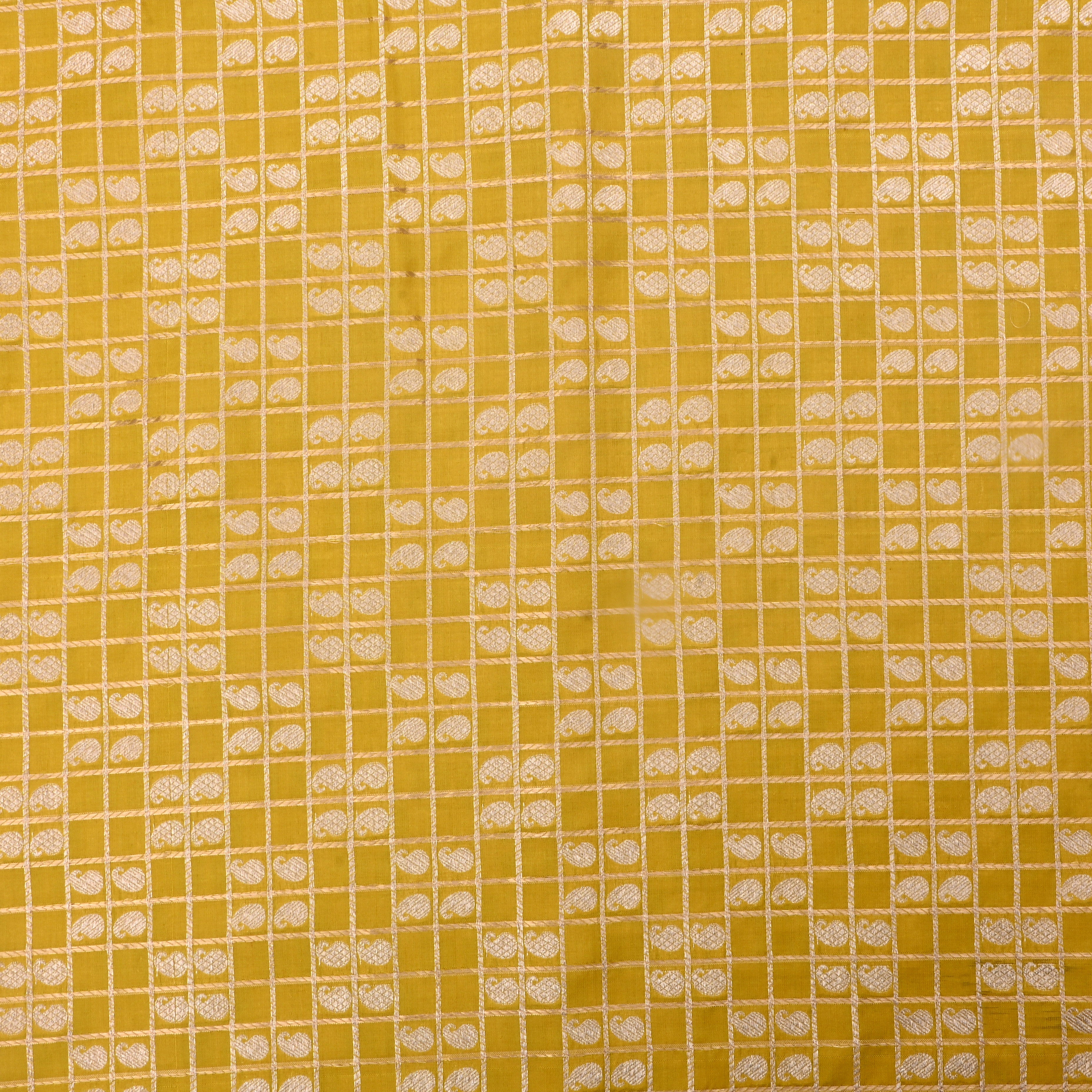 Satin Sheen Gold Jamawar Silk Fabric With Checks Pattern