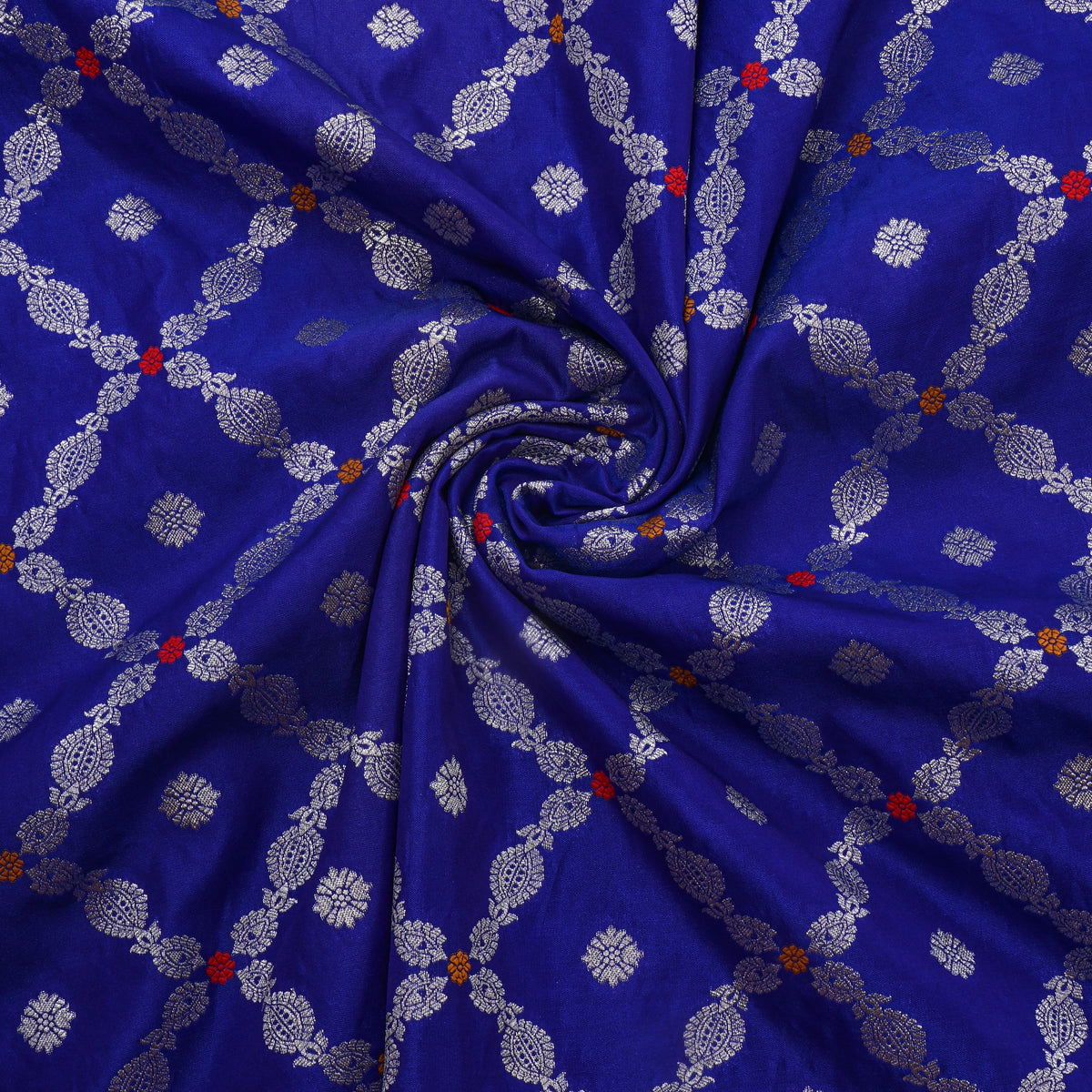 Dark Blue Silver Zari Checked Jamawar Silk Fabric