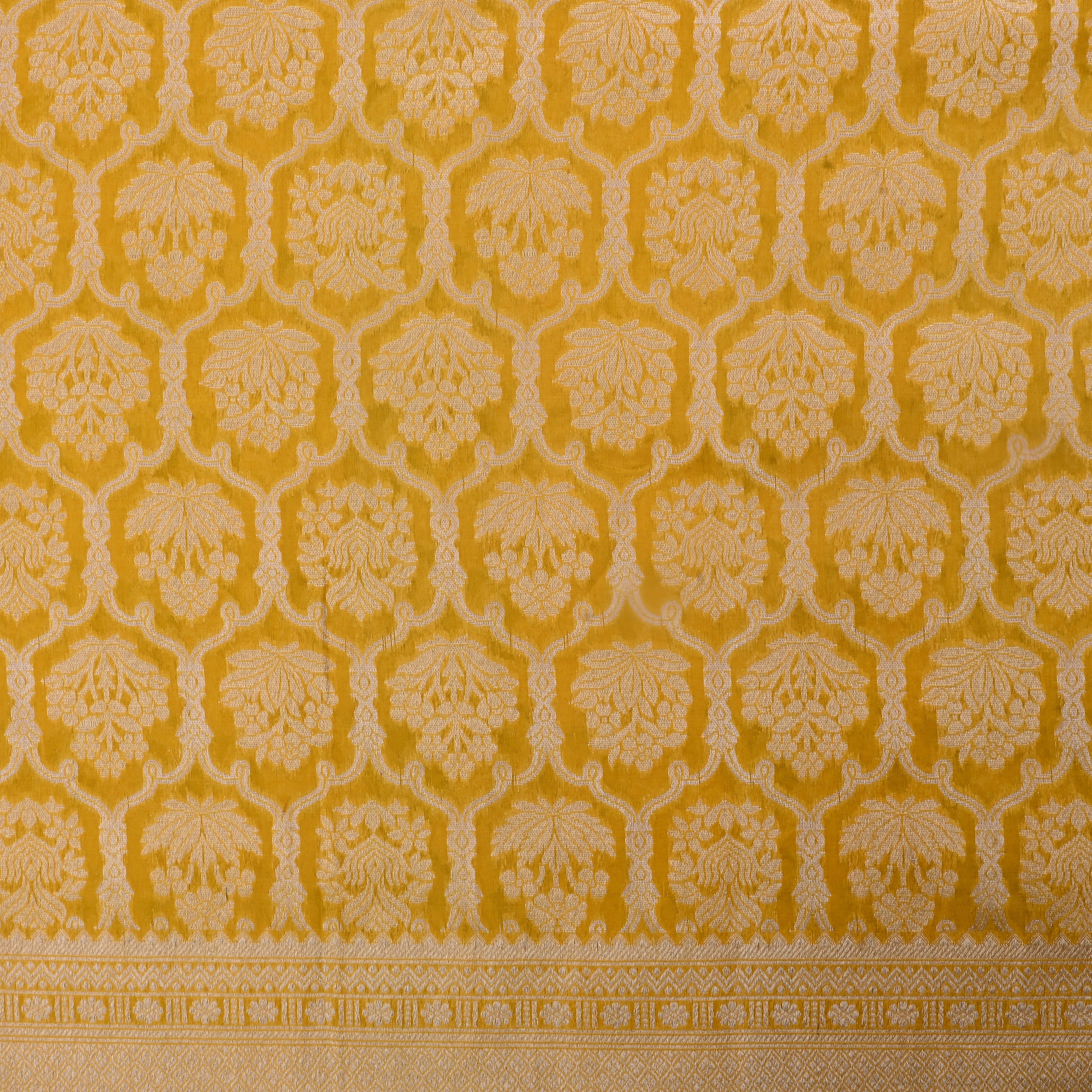 Saffron Yellow Jamawar Silk Fabric With Hexagon Design