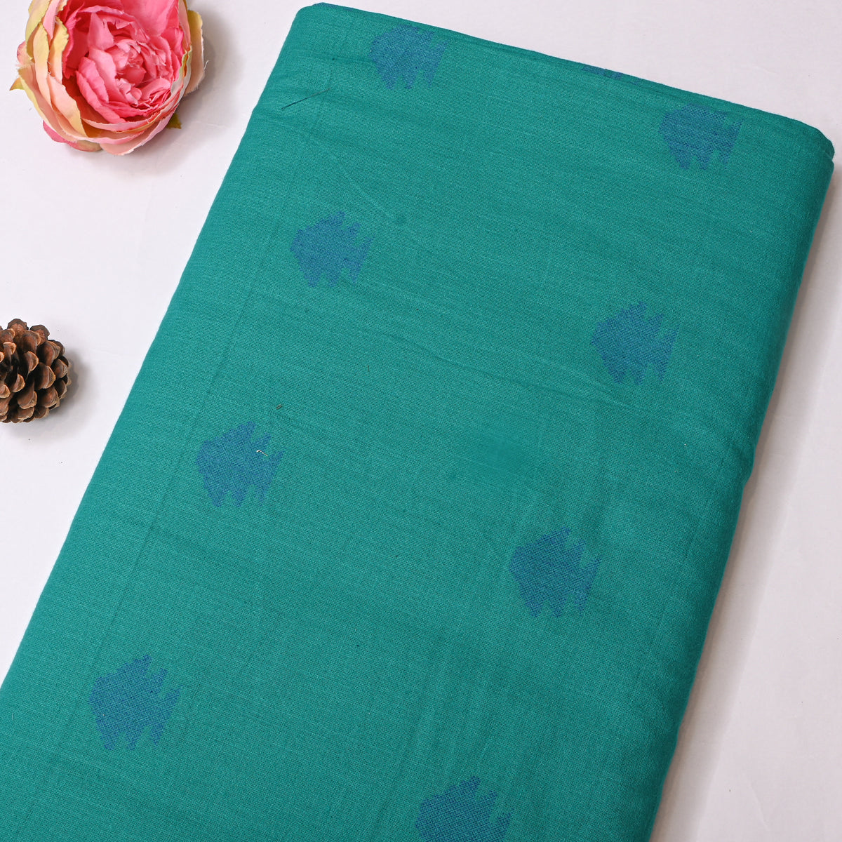 Teal Green Stepped Butti Handloom Cotton Fabric