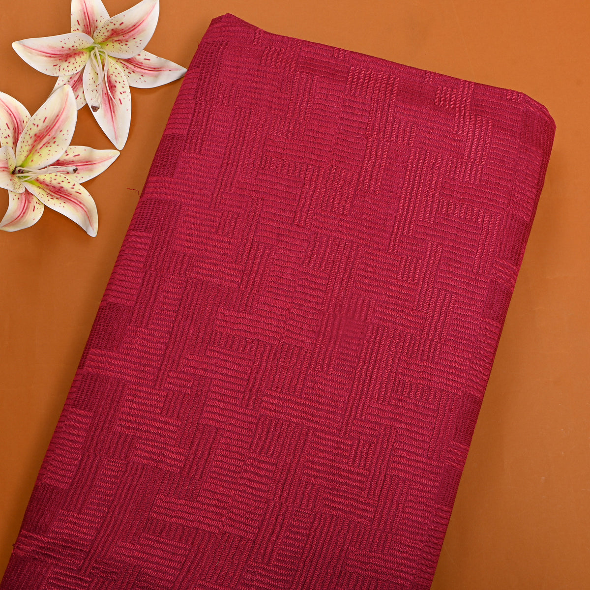 Cherry Red Geometric Thread Work Munga Tussar Fabric